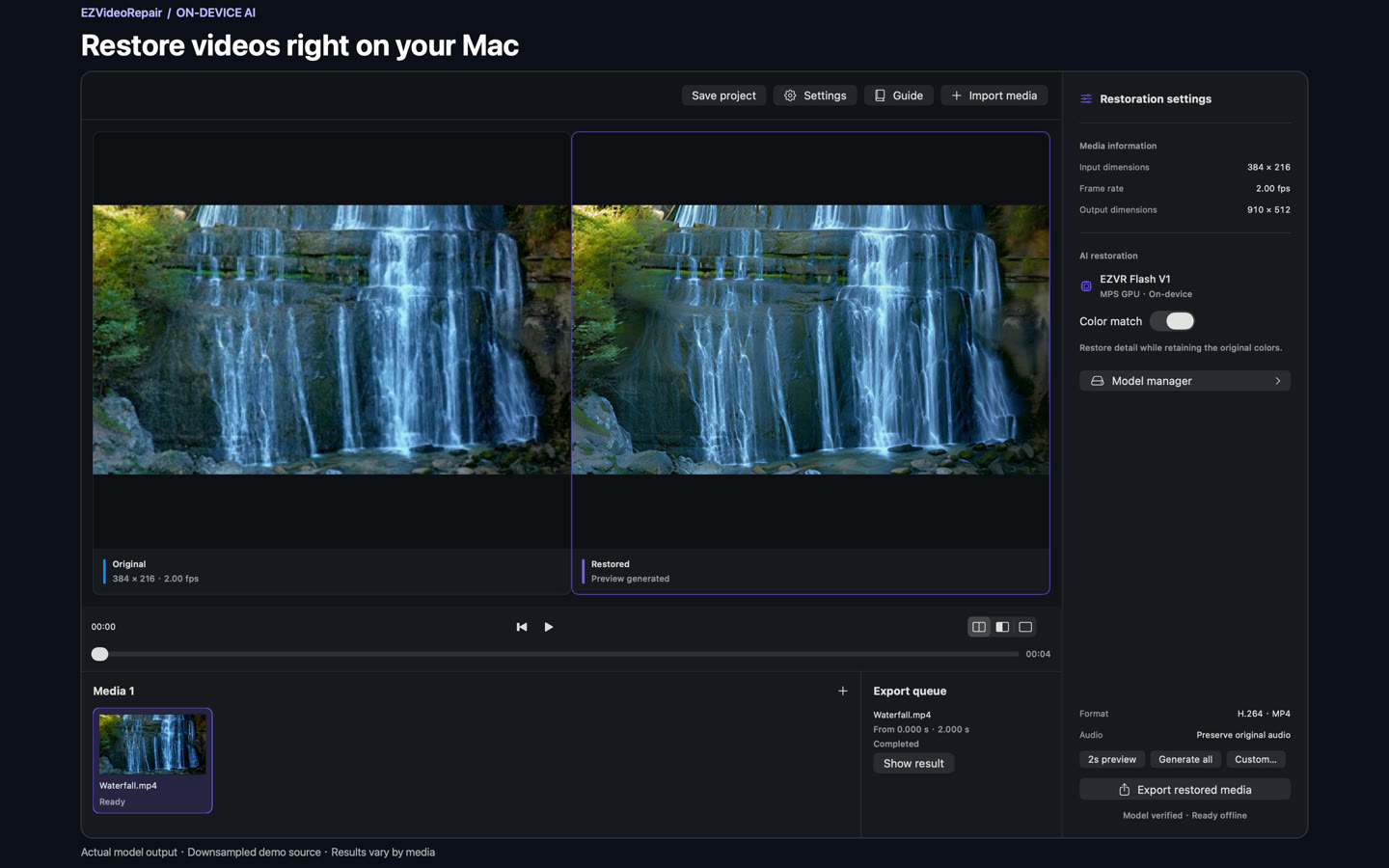 EZVideoRepair English interface with preview, media library and restoration controls